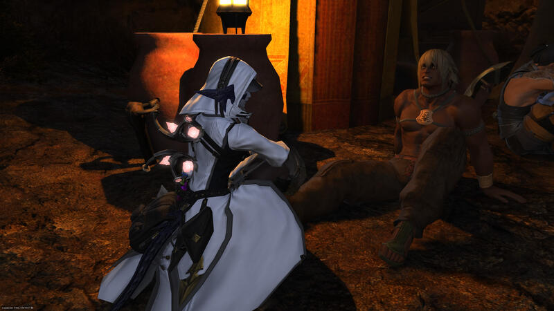 Untitled Sarnai in her out-of-office attire, kneeling before an injured Ala Mhigan refugee that needs medical care. She's looking back towards the viewer slightly, as if something has caught her attention.
