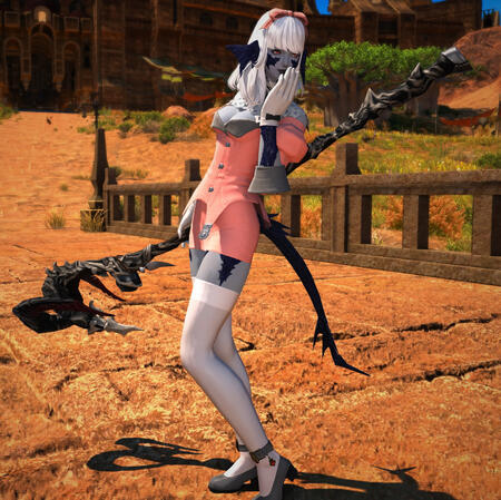 A younger Sarnai standing on a bridge, Ul'dah visible in the distance, adopting a mischevious pose with her staff in hand.