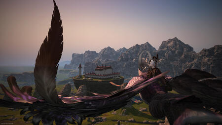 A younger Sarnai riding into a cloudy sunrise atop a Yol, with the Azim Steppe before her.