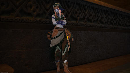 Sarnai, in a green attire and mask more befitting an Ul'dahn citizen, looks into the distance while leaning against a wall in the inner city.